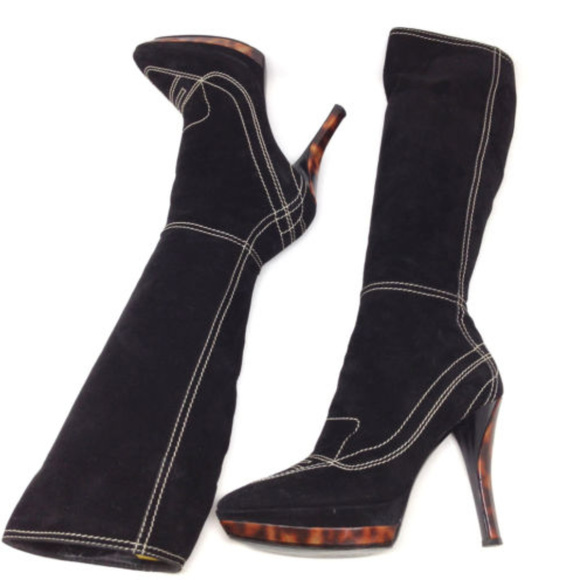 Casadei Shoes - Casadei Black Suede Tortoise Heeled Boots Italy